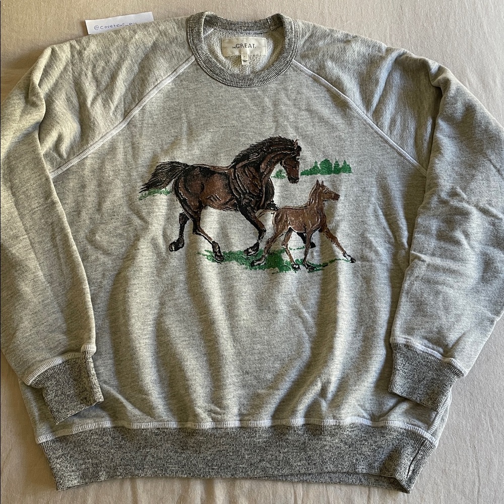 The Great. The College Sweatshirt in Heathered Grey Running Horse Graphic. Sz 2. - Picture 3 of 9